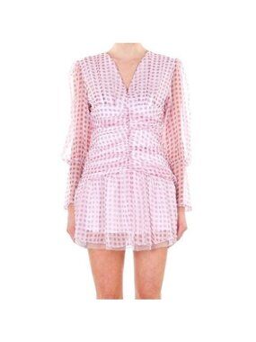 Checking Out in Pink Long Sleeve V-Neck Ruched Gingham Mini Dress Beulah  Size M